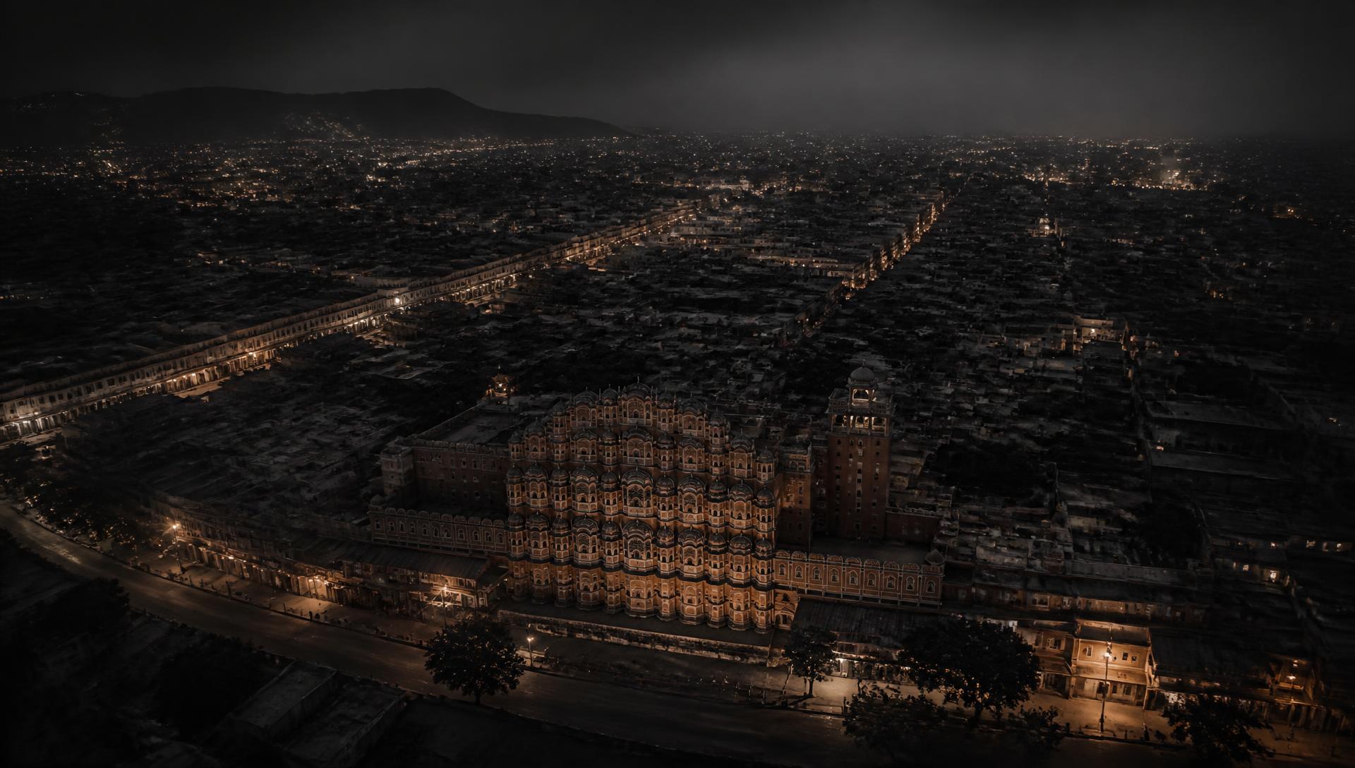 Aerial night view of Jaipur's old city, the first city live on jaipur.lol